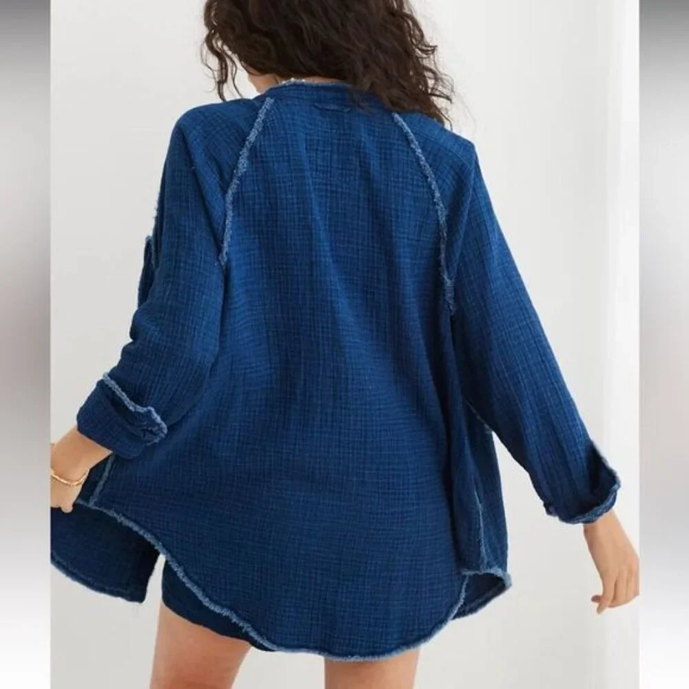 Aerie Sz M Oversized Indigo Blue Gauze Cover Up Button Down Shirt Dress Pocket - Picture 4 of 14